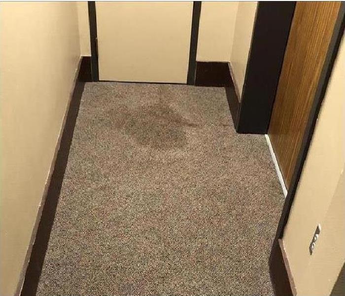 Office entryway with large water spot on gray carpet