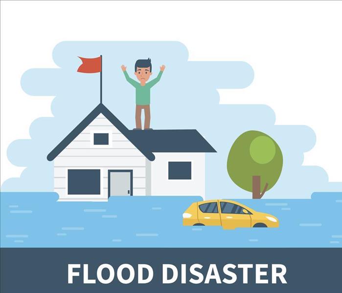 cartoon man standing on roof of flooded house
