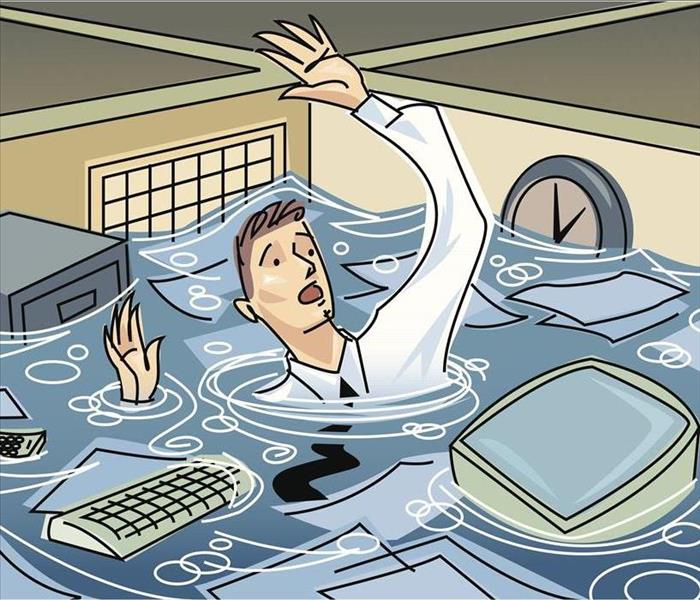 cartoon man floundering in a flooded office